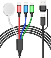 Multi Charging Cable for iWatch Charger Phone, Travel 4-in-2 Watch i-Phone Cable with IP/Type C/Micro USB Compatible withiWatch Ultra/SE/9/8/7/6/5/4/3/iPhone 15/14/13 Galaxy Android(4FT/1.2M)