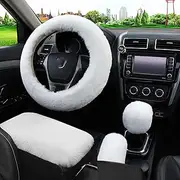Dotesy 4 Pcs/Set Fluffy Faux Wool Car Steering Wheel Cover & Furry Auto Center Console Cover & Gear Shift Knob Cover & Handbrake Cover Universal Warm Winter (Pure White)