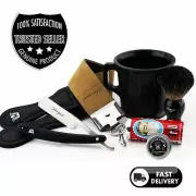 Shaving Gift Kit Leather Strop Paste, Straight Cut Razor, Badger Brush Soaps Mug