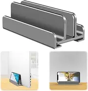 Vertical Laptop Stand Organizer Aluminu Sturdy Computer Desktop Notebook Mobile Phone Vertical Base Stand Riser Holder Portable Three Slot Adjustable Width Tablet PC Holder (Gray)