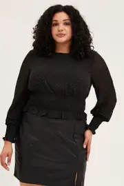Black Long Sleeve Waist Shirred Top