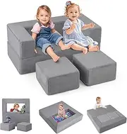 INFANS Modular Kids Play Couch, Toddler Sectional Fort Building Sofa for Playroom, Bedroom, Convertible Soft Foam Furniture Playset and Floor Cushion for Boys and Girls (Grey)