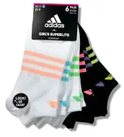 ADIDAS SOCKS GIRLS - NO SHOW - 243 SUPERLITE CORAL WHITE - SHOE 3Y - 9 - 6 PACK
