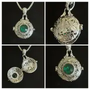 Necklace Vintage Inspired Silver Hidden Compartment with Emerald Simulated Stone