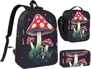 [JEJEA] Magic Mushrooms print Backpack with Lunch Box Pecnil Case Set 3 in 1,BookBags Lunchbag Pencil Bag 17inch for Travel, Black, One Size