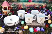 WILLIAMS-SONOMA DEBOSSED BUNNY PLATES & MUGS (4) -NIB- HARE TODAY, GONE TOMORROW