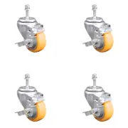 3 Inch 316SS Yellow Polyurethane Swivel 3/8 Inch Threaded Stem Caster Set Brake