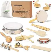 Wooden Kids Musical Instruments for 1-9 Years Old, with Drum, Hand Bells, Flute, Maracas, Castanet, Tamburine, chime bar,for Babies and Toddlers, Durable, Safe, Montessori Educational Toy, Storage Bag
