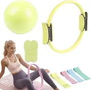 Pilates Essentials Kit, with 14" Magic Circle, Long Resistance Bands and Soft Ball, Grip Socks, for Women & Beginners to Tone, Flexibility & Core Strength