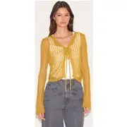 Olive Ladder Knit Sheer Cropped Tie Front Top, Olive