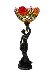 Art Deco Statue Of Liberty Torch Tiffany Stained Glass Red Rose Accent Table Lamp