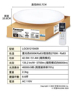 Panasonic國際牌 42.5W 木眶 LED調光調色遙控吸頂燈LGC61215A09 日本製 (6.2折)