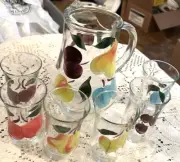 Bartlett Collins Juice Glass pitcher Set 6 Glasses Colorful Fruit in Box
