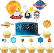 Kawailay 32 PCS Outer Space Cupcake Toppers Astronaut Rocket Planet Spaceship Cupcake Picks Galaxy Themed Birthday Cake Decor for Baby Shower Kids Birthday Party