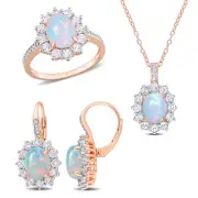 Amour Rose Plated Silver Blue Opal, Topaz & Diamond Necklace & Earrings Set