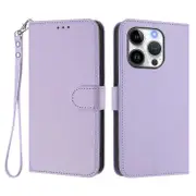 For iPhone 16 Pro Leather Case Wallet Stand Phone Cover with Wrist Strap Light purple