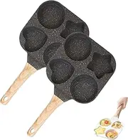 1 Set 4 Hole Skillet with Handle, 4-Cup Egg Pan Nonstick Divided Grill Frying Pan, 7.5 Inch Healthy Granite Egg Pan with Anti-Scald Handle, Mini Pancake Maker for Breakfast (Black*2)