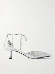 [Jimmy Choo] Jimmy Choo - Stevie 50 Crystal-embellished Metallic Crinkled-leather Pumps - Silver - IT41 IT 41 Silver