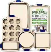 6-Piece Nonstick Bakeware Set - PFOA, PFOS, PTFE-Free Carbon Steel Baking Trays w/Heat Safe Silicone Handles, Oven Safe Up to 450°F, Pizza Loaf Muffin Roaster/Round/Square Pans, Cookie Sheet