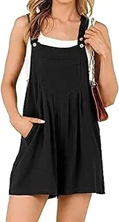 [KIKJDSERV] Womens Adjustable Strap Loose Bib Rompers,Casual Linen Overall Shorts,Sleeveless Button Short Jumpsuits with Pockets (Black, S), Black, Small