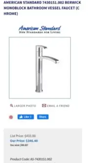 AMERICAN STANDARD 7430151.002 BERWICK MONOBLOCK BATHROOM VESSEL FAUCET (CHROME)