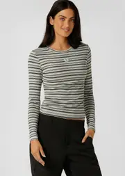 [Lorna Jane] Movement Stripe Rib Long Sleeve Top in Print, Viscose, Size - XL XL Retro Multicolour Stripe