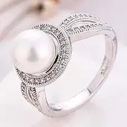 [PR Jewelry] Women Pearl & White Sapphire 925 Sterling Silver Ring Wedding Party Jewelry New Size 6-10 (7)