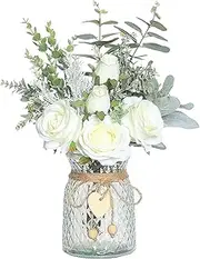 Flowers with Vase,Artificial Silk Flowers in Vase, Fake Plant Eucalyptus Flower Arrangement for Home Office Farmhouse Bathroom Dining Table Centerpiece Decorations Coffee Table Decor (Rose White)
