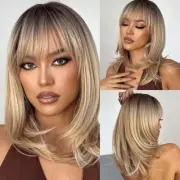 Ombre Blonde Wig with Bangs - Medium Length Straight Blonde Wigs with Dark Roots