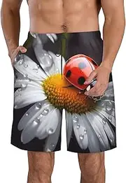 [FJWSLCH] Ladybug on Daisy Flower Men's Swim Trunks Quick Dry Swimming Board Shorts Drawstring Hawaiian Beach Shorts