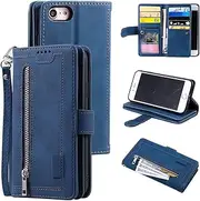 UEEBAI Wallet Case for iPhone SE 2022 5G/iPhone 7/iPhone 8/iPhone SE 2020, Retro 9 Card Slots Zipper Pocket Handbag Case PU Leather Magnetic Cover Wrist Strap Flip Case for iPhone SE3/SE2 - Blue