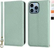 NanHou iPhone 13 Pro Case Microfiber Leather RFID Blocking Wallet Magnetic Closure Kickstand Wrist Strap Card Holder Shockproof Flip Cover - Light Green