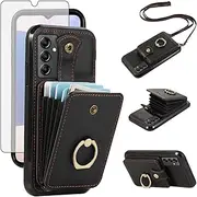 [Asuwish] Phone Case for Samsung Galaxy A14/M14 5G Wallet Cell Cover with Tempered Glass Screen Protector and Crossbody Strap Ring Stand RFID Credit Card Holder A 14 4G 14A 14M G5 Women Girls Black