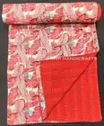Indian Red Twin Handmade Banana leaf Screen Print Cotton Bedspread Kantha Quilt