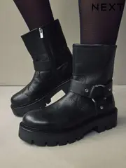 Black Leather Standard/Wide Fit Forever Comfort® Buckle Strap Leather Ankle Biker Boots (E15876) | $40