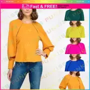 Women's Soild Raglan Long Sleeve With Back Neck Tied Blouse Top Keyhole Basics
