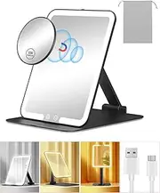 Gospire Rechargeable Travel Makeup Mirror with Lights and Magnification 10X, Foldable Stand & Angle Sensor Light, 3 Light Colors & Stepless Dimming, Lighted Mirror LED Vanity Mirror - Black