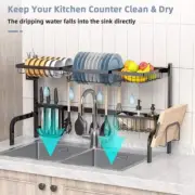 ANGELES HOME Over Sink Dish Rack with 8-Hooks 2-Tier Adjustable Length Black