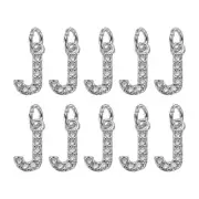 10pcs Rhinestones Letter Charm, Alphabet J Pendants Slide Beads Charm, Silver