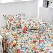 MEISHANG Flower Sheets Double Printed BedSheets Ultra Soft 100% Microfiber-Deep Pocket Fitted Sheet+Flat Sheet+Pillowcases-4 Pieces Spring Multi Floral Double
