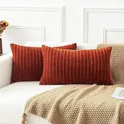 Kevin Textile Solid Striped Velvet Corduroy Couch Chair Oblong Cushion Cover Throw Pillow for Baby Toddler Nap, 12 x 20, 2 Pack, Burnt Brick