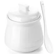 Ceramic Sugar Bowl with Lid and Spoon, 12oz Farmhouse Sugar Jar, White