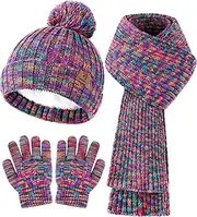 [Glooarm] Kids Winter Hat Gloves Scarf Set, Girls Toddler Knit Scarf Warm Gloves with Fleece Lined Beanie for 2-14 Years