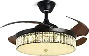 Crystal Ceiling Fan With LED Light, Modern Chandelier, 4 Retractable Reversible Blades, 6 Speeds for Dining Room Kitchen (42in/107cm, Black)