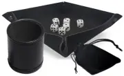 Set (6) 16mm White Dice Rounded w/Pouch + Dice Rolling Tray + Dice Cup Bundle