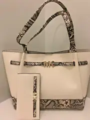 Michael Kors Reed Large Belted Tote Shoulder Bag + Snap Flat Wallet Light Cream