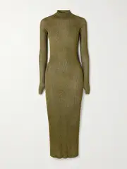 [Isabel Marant] Isabel Marant - Josita Metallic Ribbed-knit Turtleneck Midi Dress - Army green - FR 40 FR 40 Green