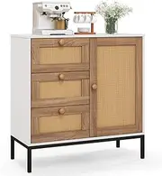 Giantex Rattan Buffet Sideboard, Accent Storage Cabinet with 3 Drawers & 1 Door, Sturdy Metal Legs, for Kitchen, Living Room, Entryway