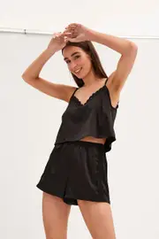 Black Pyjamas Set Sleeveless Cami Shorts Satin - Size L, Women's Satin Set