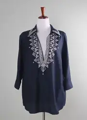 TALBOTS Woman NWT $89 Embroidered Sequin Navy Silk Blend Tunic Top Size 14W